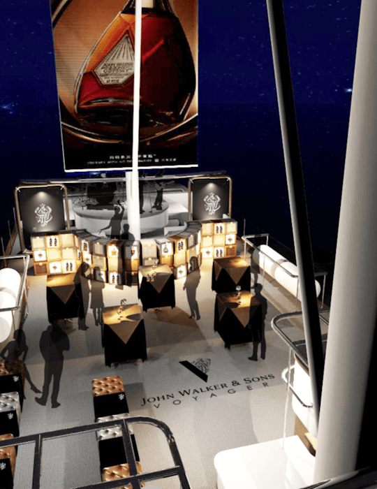 Johnnie Walker Voyager Odyssey Worldwide pop-up brand experience design by Studio Königshausen. We altered the 57-meter-long sailing yacht to an actual Johnny Walker experience. The Voyager contains four areas for guest use. These include the Voyager Sundeck entertainment and bar, Odyssey Reception area, Johnnie Walker Blue Label Game Changers Lounge and Around the World suite.